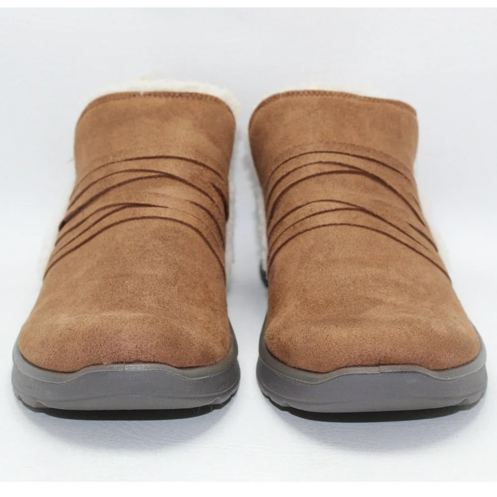 Bzees Glide Womens 9M Brown Fabric Faux Fur Trim‎ Slip On Wedge Ankle Boots